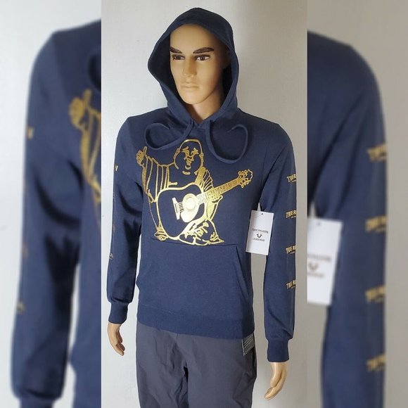 TRUE RELIGION LOUNGEWEAR HODDIE MEN' GUITAR BUDDHA LOGO/ICON NAME ON SLEEVE SZ L - Picture 2 of 9